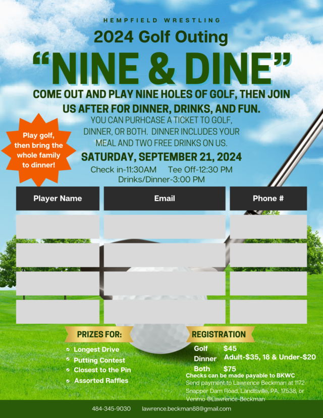 HEMPFIELD WRESTLING FUNDRAISER: “NINE & DINE” 2024 GOLF OUTING